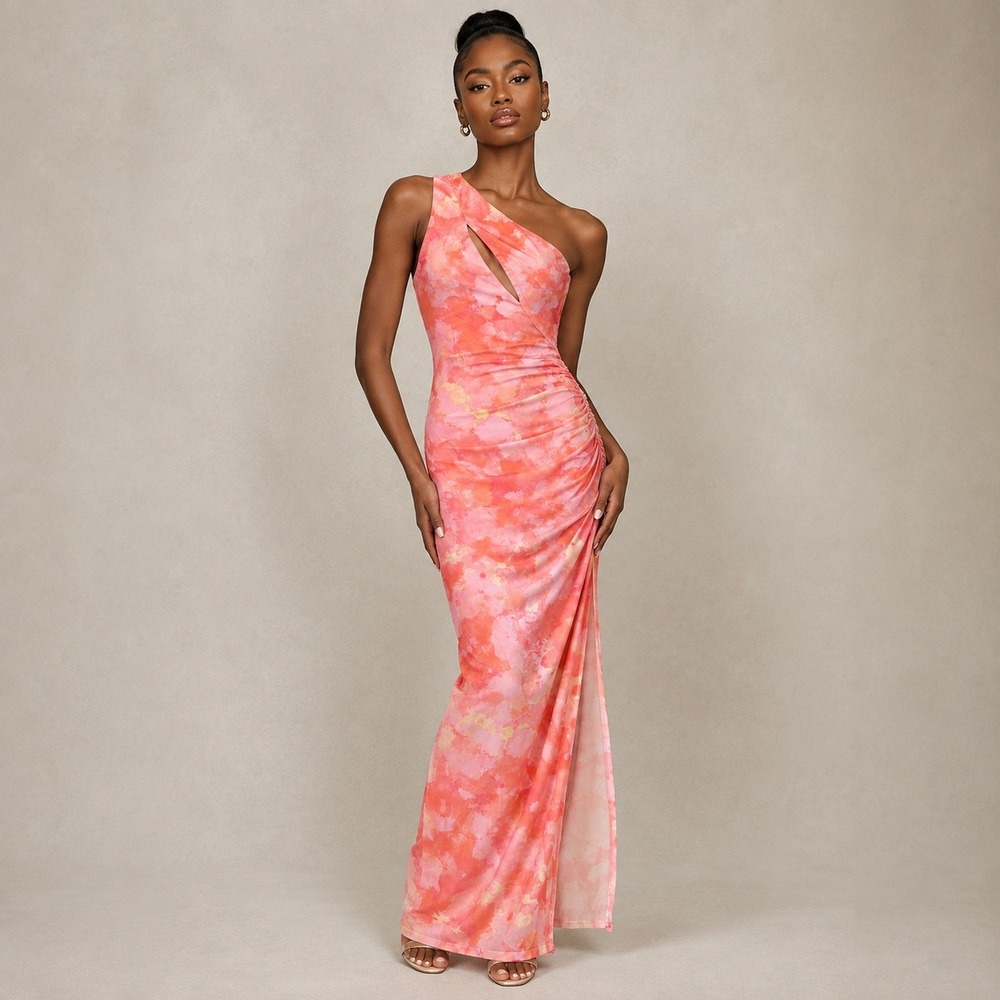 Majorelle One Shoulder Cutout Ruched Maxi Dress Womens XS Pink Orange Watercolor